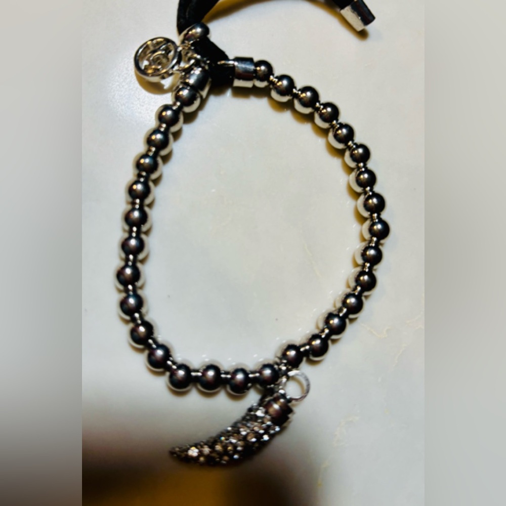 M KORS Silver Pave Crystal Italian Horn Leather Beaded Stretch Bracelet NWOT